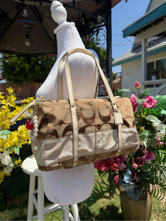 Coach Handbags - Coach Khaki/Beige Signature Canvas Shoulder Bag with Pearl Charm